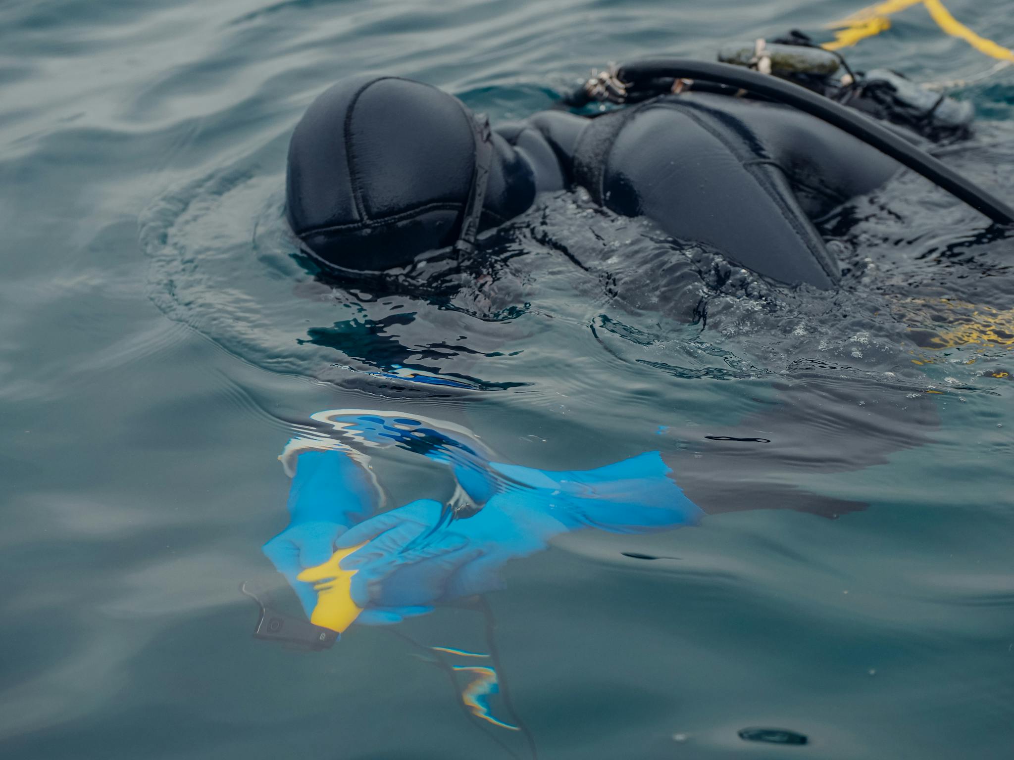 A diver in wetsuit exploring ocean depths with scuba gear and fins, capturing marine life.